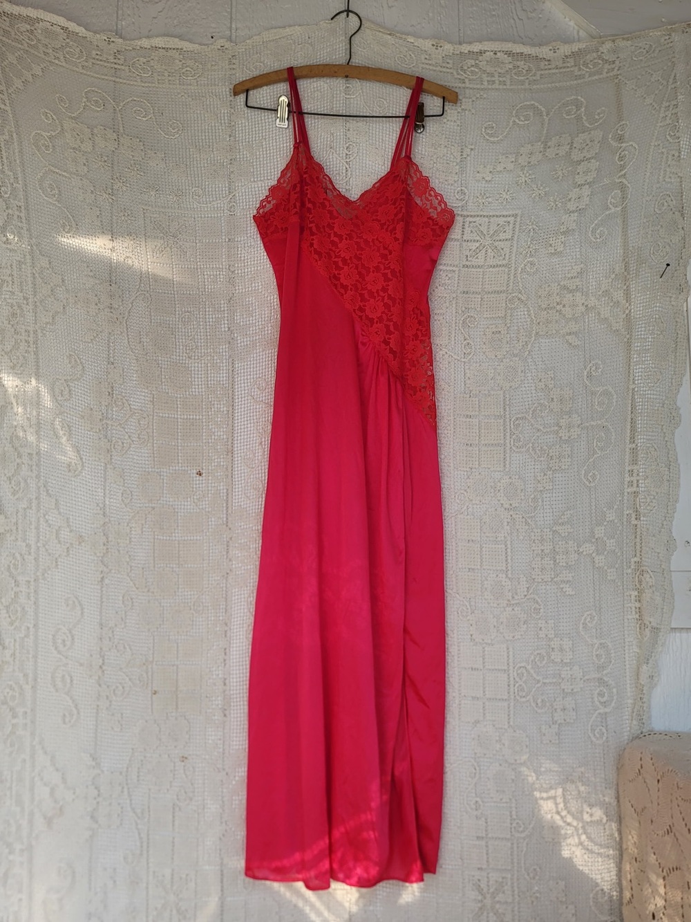 Vintage union made Lace-Trim Chemise Slip in Bright pink